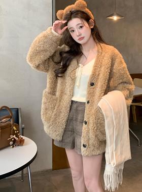 JAMUUS韩系慵懒仿羊羔绒外套女冬新款环保皮草皮毛一体上衣