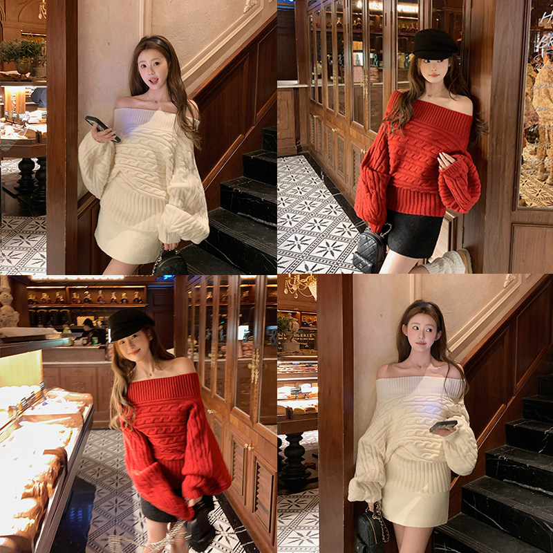 JAMUUS一字肩斜肩氛围感毛衣女复古慵懒绞花上衣+高腰毛呢短裙,女装/女士精品,毛针织衫,淘宝优惠券,粉丝福利购,淘宝优惠卷