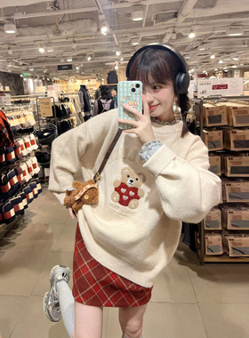 JAMUUS秋冬复古毛巾绣小熊套头毛衣女宽松慵懒风重磅圆领针织衫