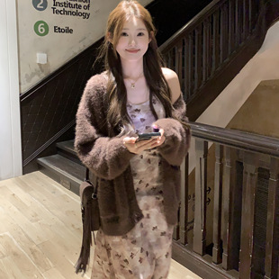 JAMUUS慵懒风V领马海毛针织开衫 气质干枯玫瑰印花连衣裙 女外套