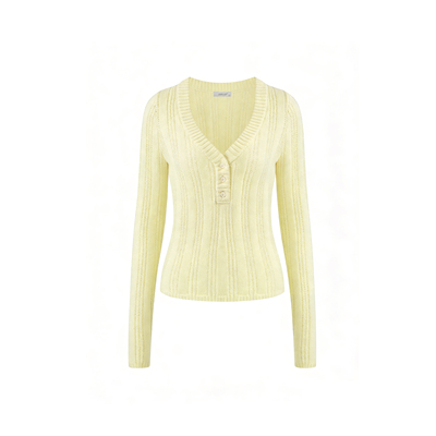 韩系嫩黄色V领镂空长袖针织衫