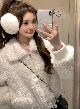 JAMUUS冰岛冬季毛茸翻领小外套女心头爱软糯百搭保暖短款上衣