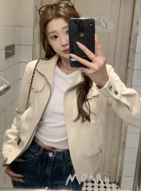 JAMUUS春秋新款白杏色麂皮外套女韩系休闲机车夹克百搭短款上衣