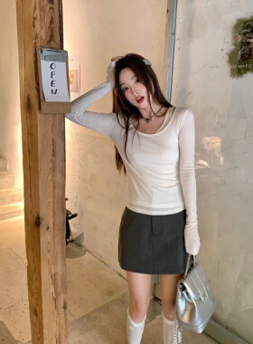 JAMUUS不规则清冷微透针织T恤女显瘦纯欲纸片人假两件打底衫