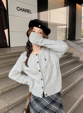 JAMUUS新款韩系粗麻花刺绣针织开衫女士秋冬学院风百搭外套上衣