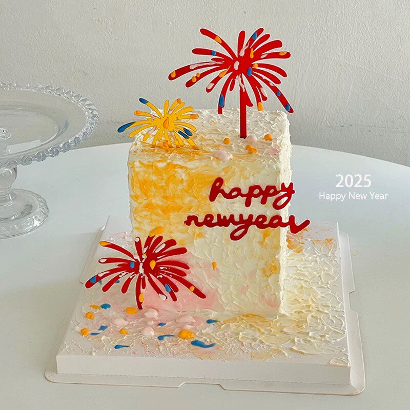 2026跨年礼花蛋糕装饰插牌除夕春节新年快乐亚克力火花插件摆件
