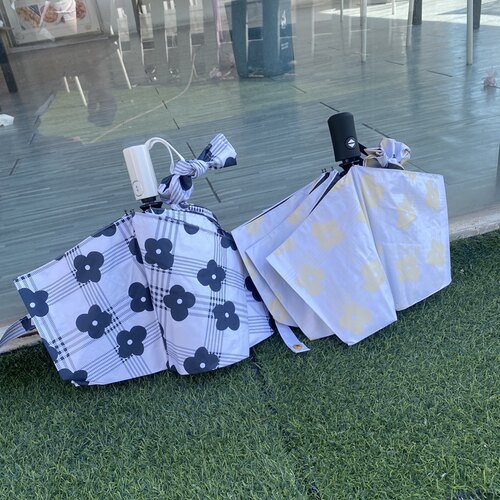 新款 日系小清新格纹花黑胶折叠全自动太阳伞 便携女生防风收纳伞