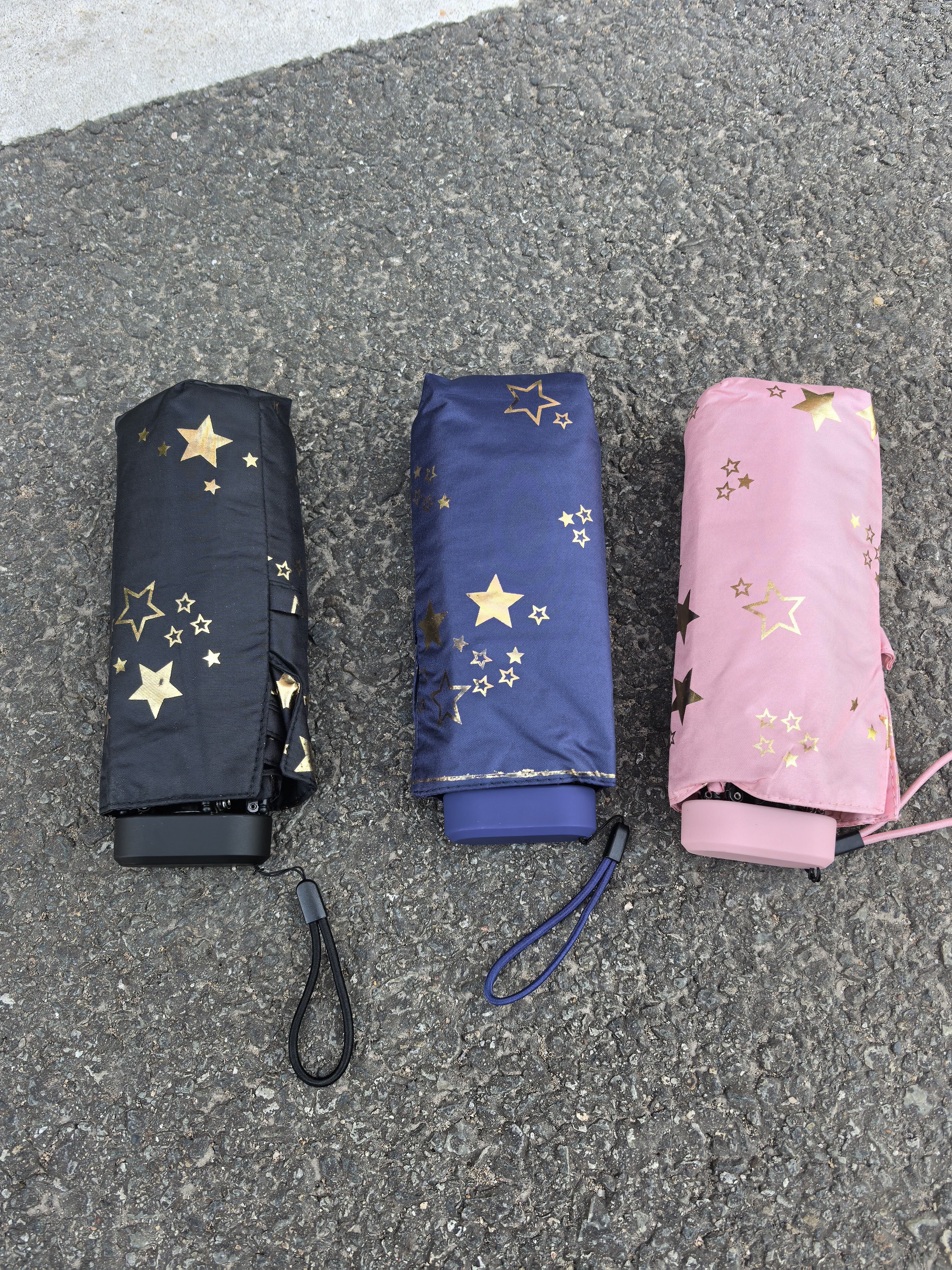 出外贸迷你烫金星星16cm卡片伞超轻便携五折手动黑胶晴雨折叠伞女 - 实物图