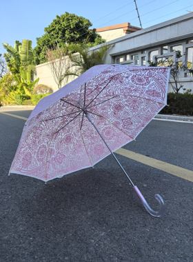 出外贸 复古图腾高颜值长伞女士水晶手柄伞 便携式防风女生雨伞