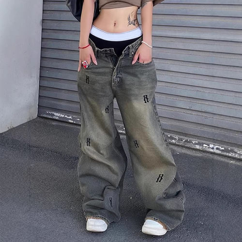 Vintage Wide Leg Cargo Jeans Women Low Waisted Flare Jeans
