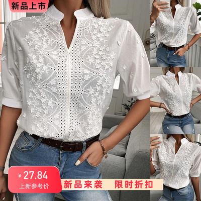 2024 Summer Elegant Short Sleeve White Shirt Vintage Tops