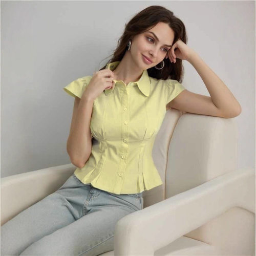 Basic Women Button Up Corset Blouses Korean Folds T-Shirts