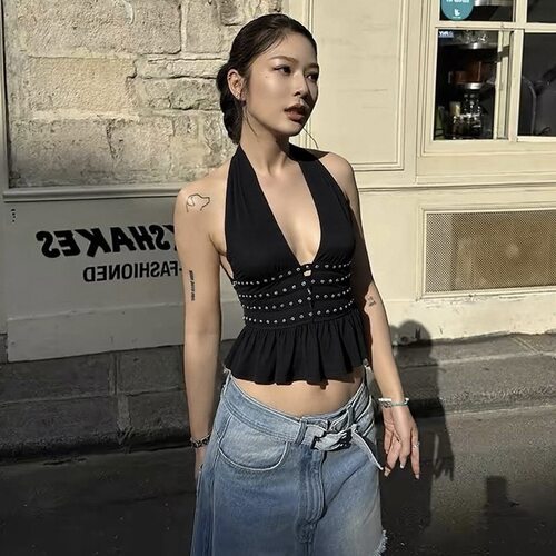 Rivet Ruffles Backless Tank Tops Women Hipster Halter V-Neck