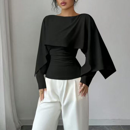 欧美斗篷设计修身百搭纯色长袖上衣女 Cloak design slim fit top