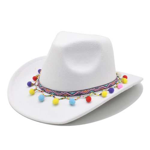 新款时尚Cowboy Hat 流苏球设计装饰爵士帽亚马逊遮阳毡帽