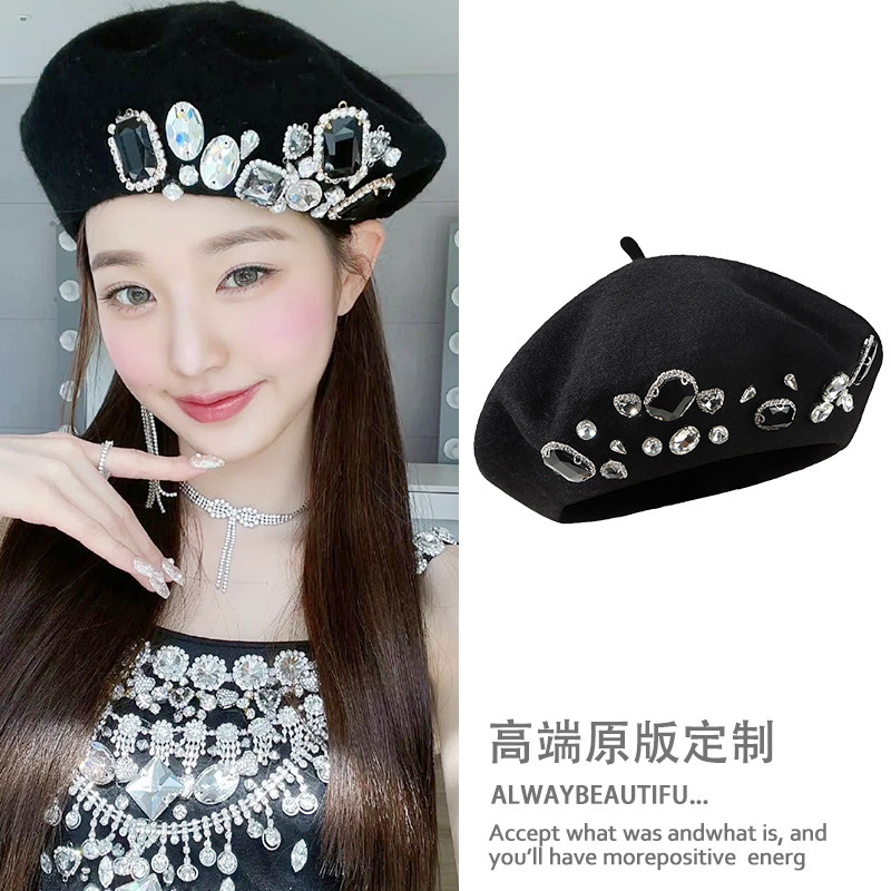 张元英同款贝雷帽女秋冬毛呢水钻画家帽八角帽百搭黑色帽子显脸小