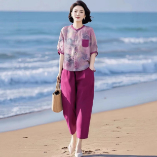 新款 棉麻中袖 衬衫 大码 两件套女装 2025夏季 上衣休闲哈伦裤 气质套装