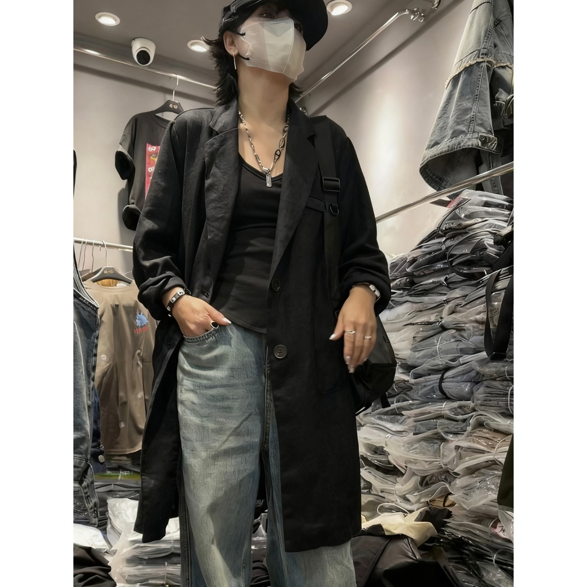 新款亚麻西装外套中长款衬衣时尚