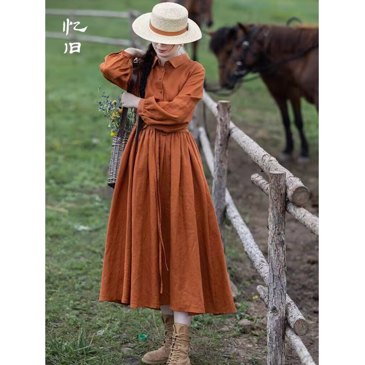 复古宽松衬衫领长袖连衣裙