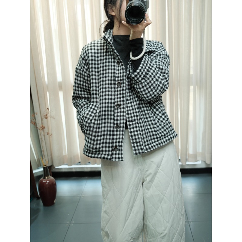 格子单排扣保暖棉服外套棉衣