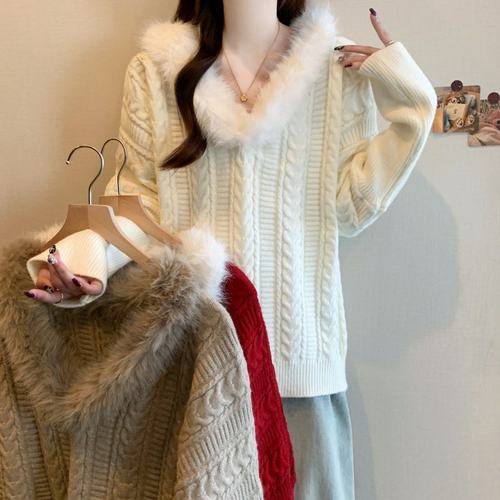 款毛领毛衣加厚高级感套头上衣