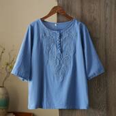 宽松圆领T恤女打底衫 上衣女大码 胖mm遮肚子2026春夏新款 纯色刺绣