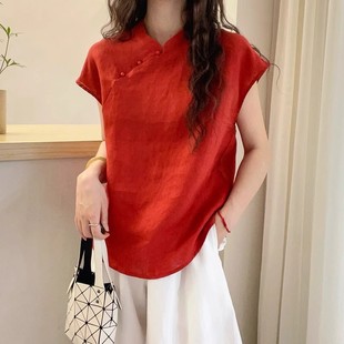 新中式气质盘扣休闲棉麻小衫女2025夏季时尚文艺大码洋气短袖上衣