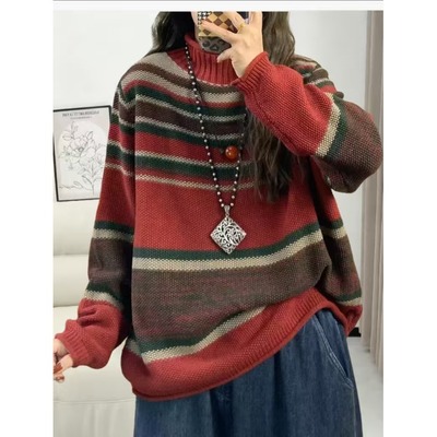 冬新款针织衫毛衣条纹棉线