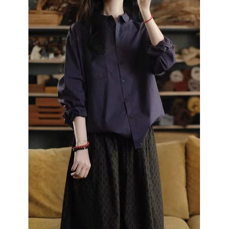 长袖时尚亚麻宽松衬衫卫衣上衣