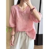 上衣女2026春夏新款 T恤刺绣欧根纱拼接时尚 爆款 文艺百搭V领打底衫