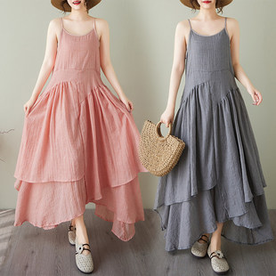 棉麻吊带裙2026春夏新款连衣裙女大码胖mm大摆裙无袖背心中长裙
