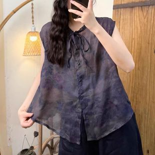 碎花文艺百搭T恤上衣女 2025夏季 复古印花木耳领苎麻无袖 衬衫 大码