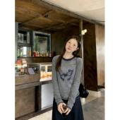 显瘦百搭大码 长袖 时尚 2025春秋新款 气质T恤打底衫 休闲撞色上衣女