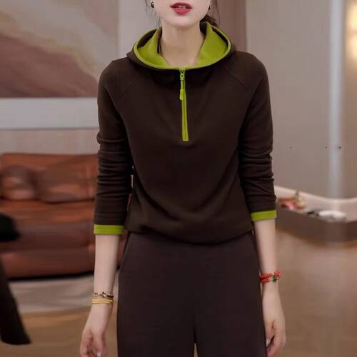 衣半开领撞色连帽外套上衣