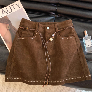 2025春秋新款 欧货潮大码 绣花灯芯绒半身裙高腰a字包臀裙 女装 韩版