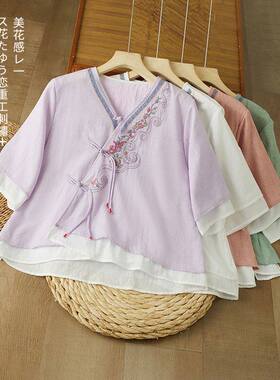 大码衬衫女胖mm洋气202春夏新款民族刺绣棉麻上衣盘扣衬衣外套