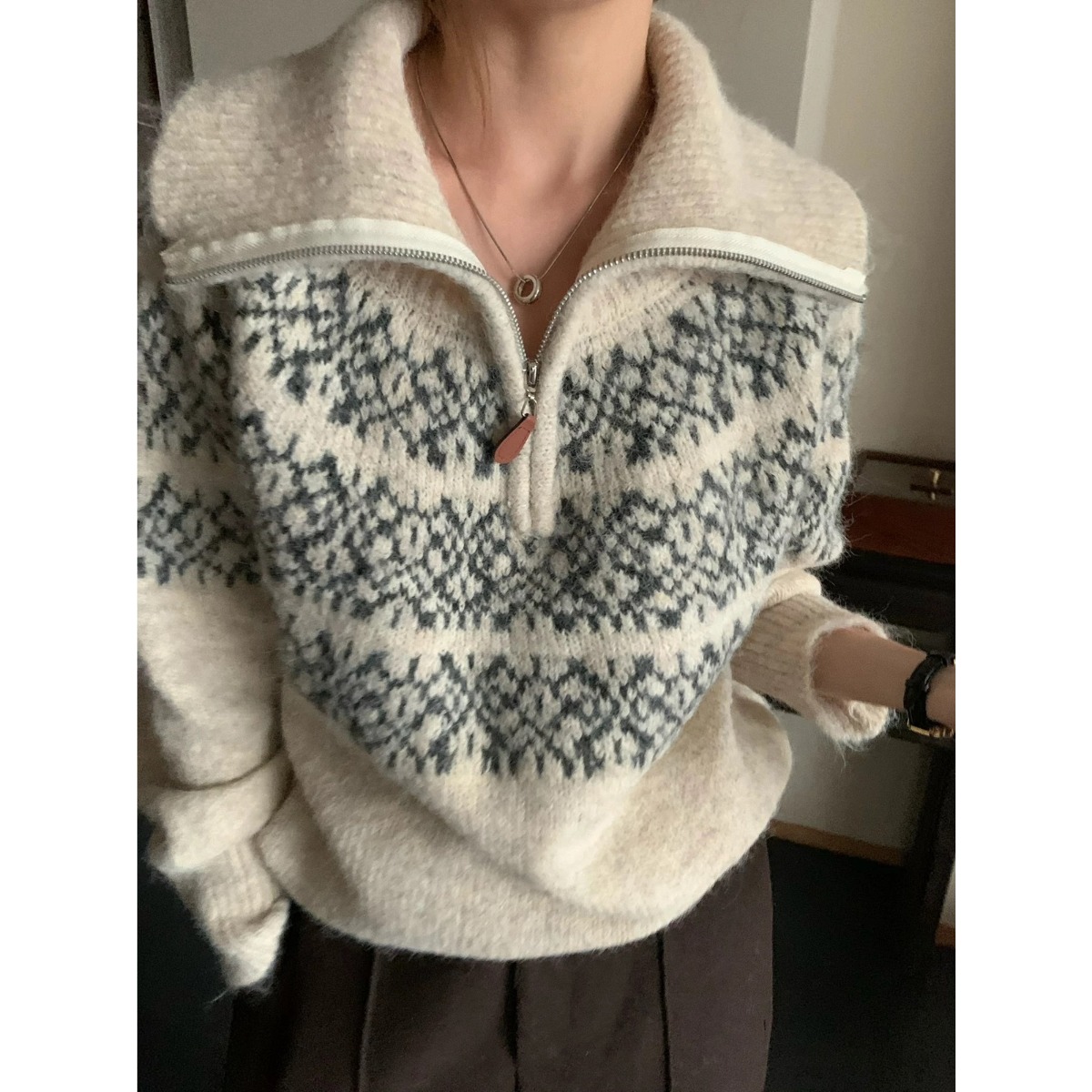 冬新款高领毛衣拉链翻领针织衫