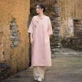 2026春夏新款 短袖 中长款 宽松上衣女慵懒风大码 麻棉盘扣T恤打底衫