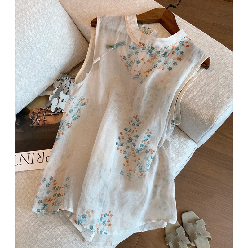 苎麻无袖上衣圆领薄款背心