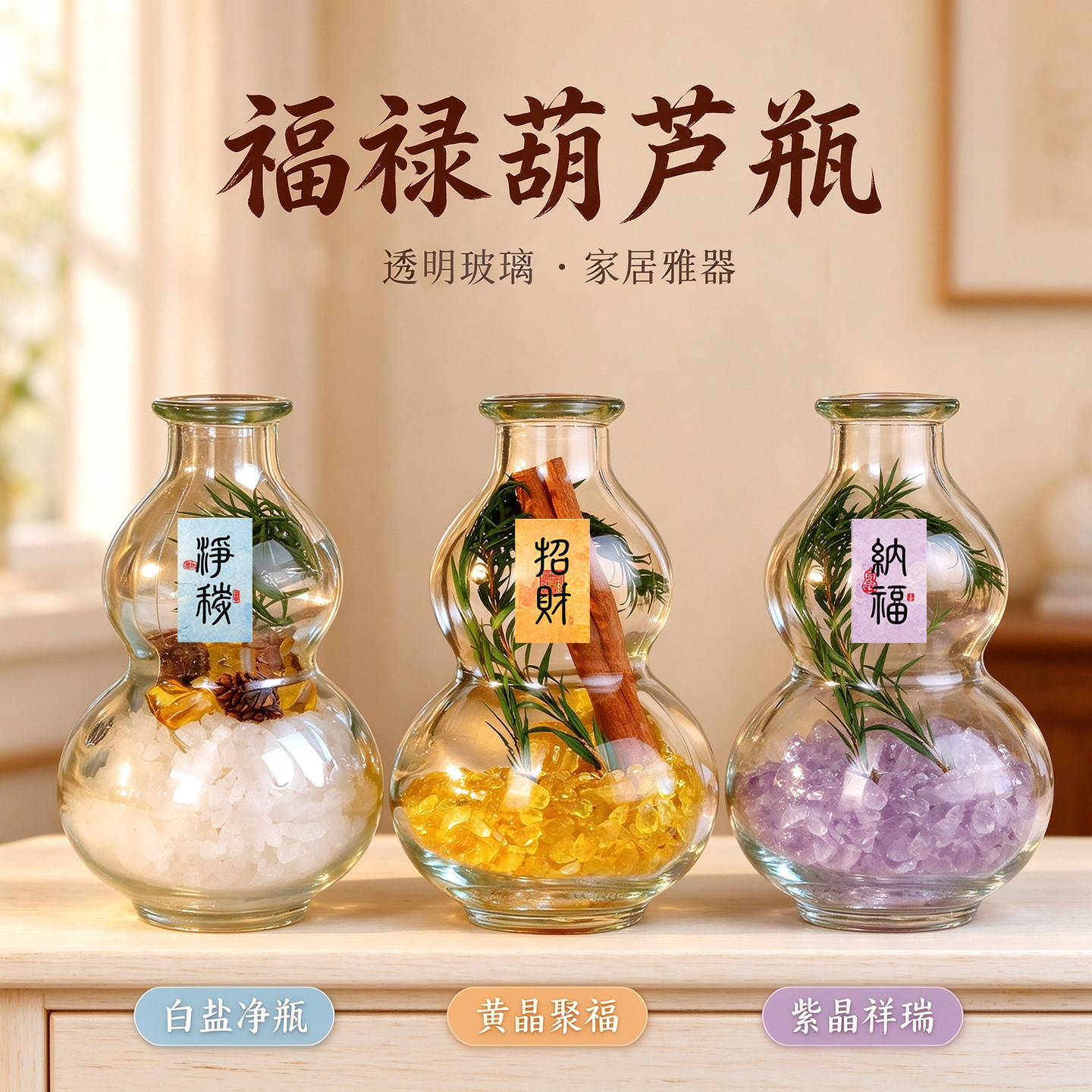 天然肉桂玻璃葫芦福禄摆件