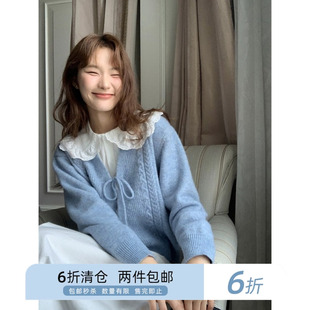 你好卡农 蝴蝶结绑带V领麻花针织开衫女秋冬新款小众外搭加厚毛衣