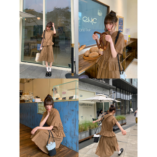 你好卡农 连帽格子上衣半身裙套装女夏季甜美风小衫百褶裙两件套