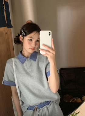 你好卡农 复古格纹polo领t恤半身裙套装新款宽松上衣a字裙两件套