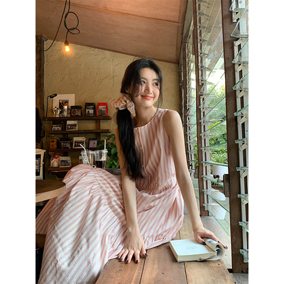 你好卡农粉白条纹背心裙