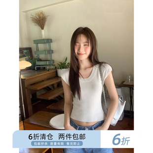 你好卡农 简约大U领连肩袖针织短袖t恤女夏2025新款修身小衫上衣