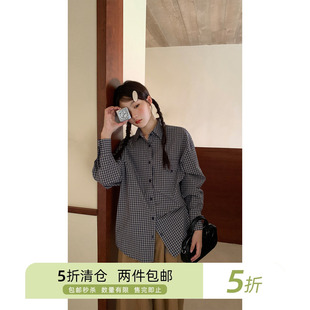 你好卡农 小众设计感格子长袖衬衫女春秋季气质显瘦上衣独特小衫