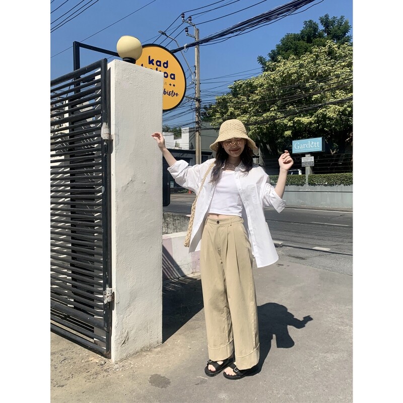 你好卡农 宽松直筒裤卷边休闲裤女2024年新款设计感小个子阔腿裤