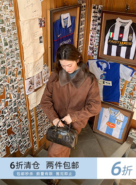 你好卡农 麂皮绒毛领外套a字半身裙套装女秋冬夹棉夹克高腰短裙