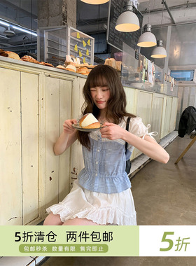 你好卡农 假两件拼接短袖衬衫女夏2025新款小众格纹小衫收腰上衣