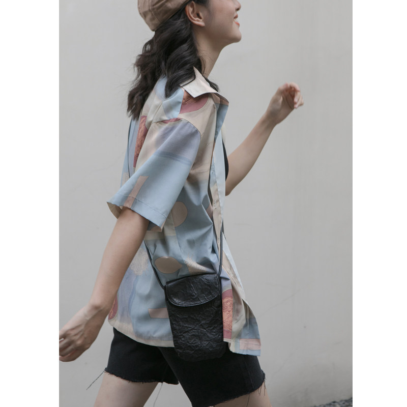 卡农 原创古着感港味短袖衬衫女2020新款复古印花上衣设计感小众